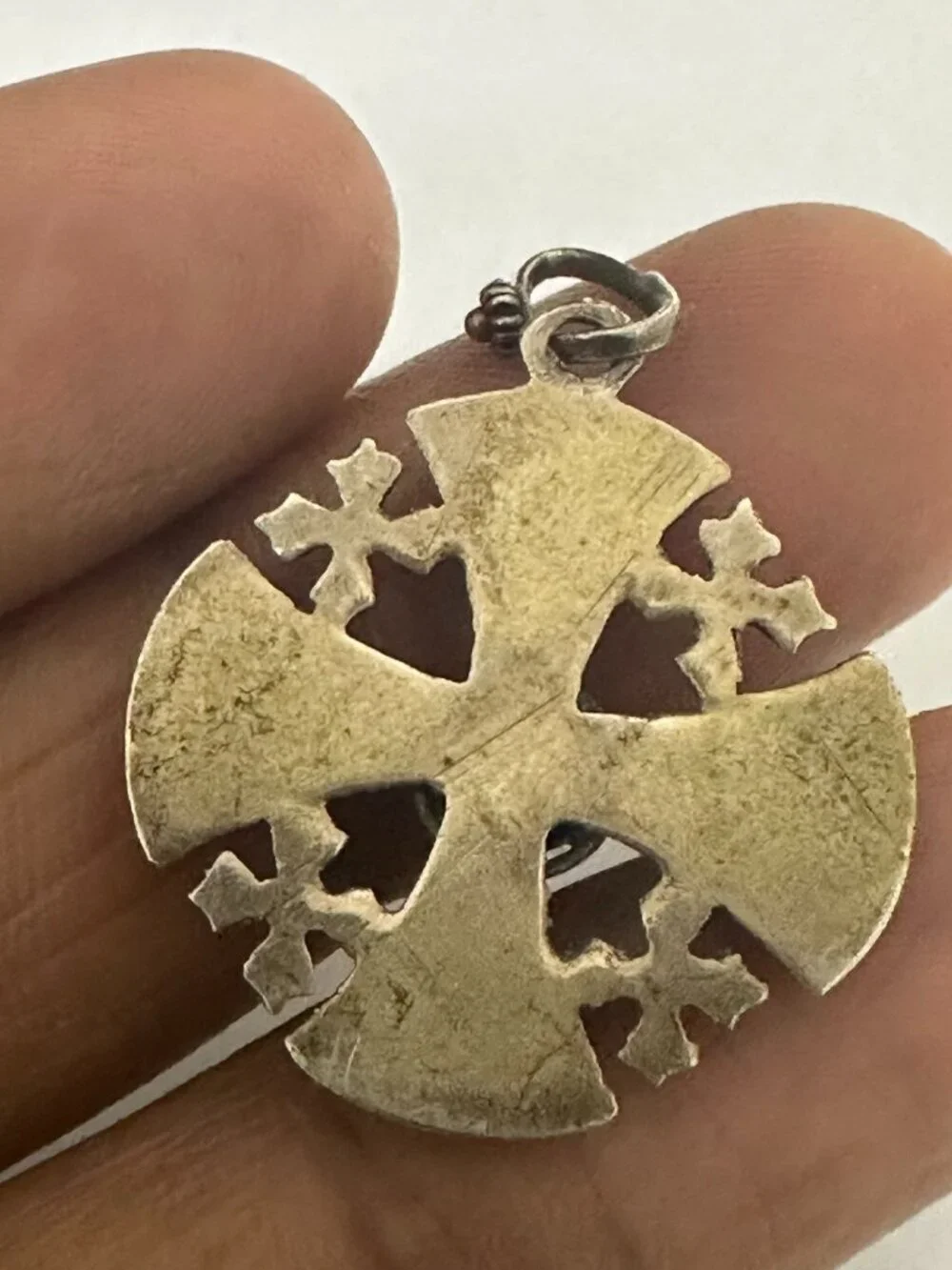 Vintage Jerusalem Cross Pendant Silver Tone Turquoise Stones 1 Inch